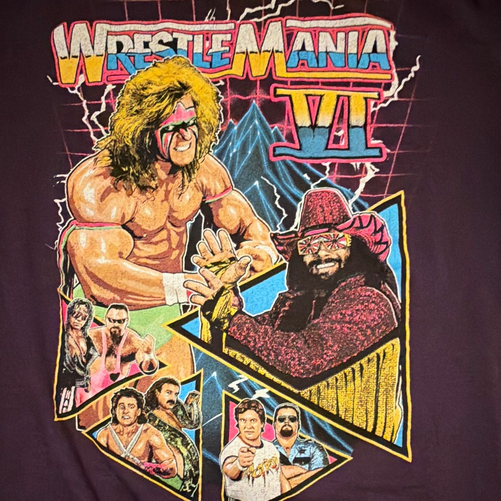 WWE WrestleMania VI Retro Graphic T-Shirt Ultimate Warrior Macho Man Black Large